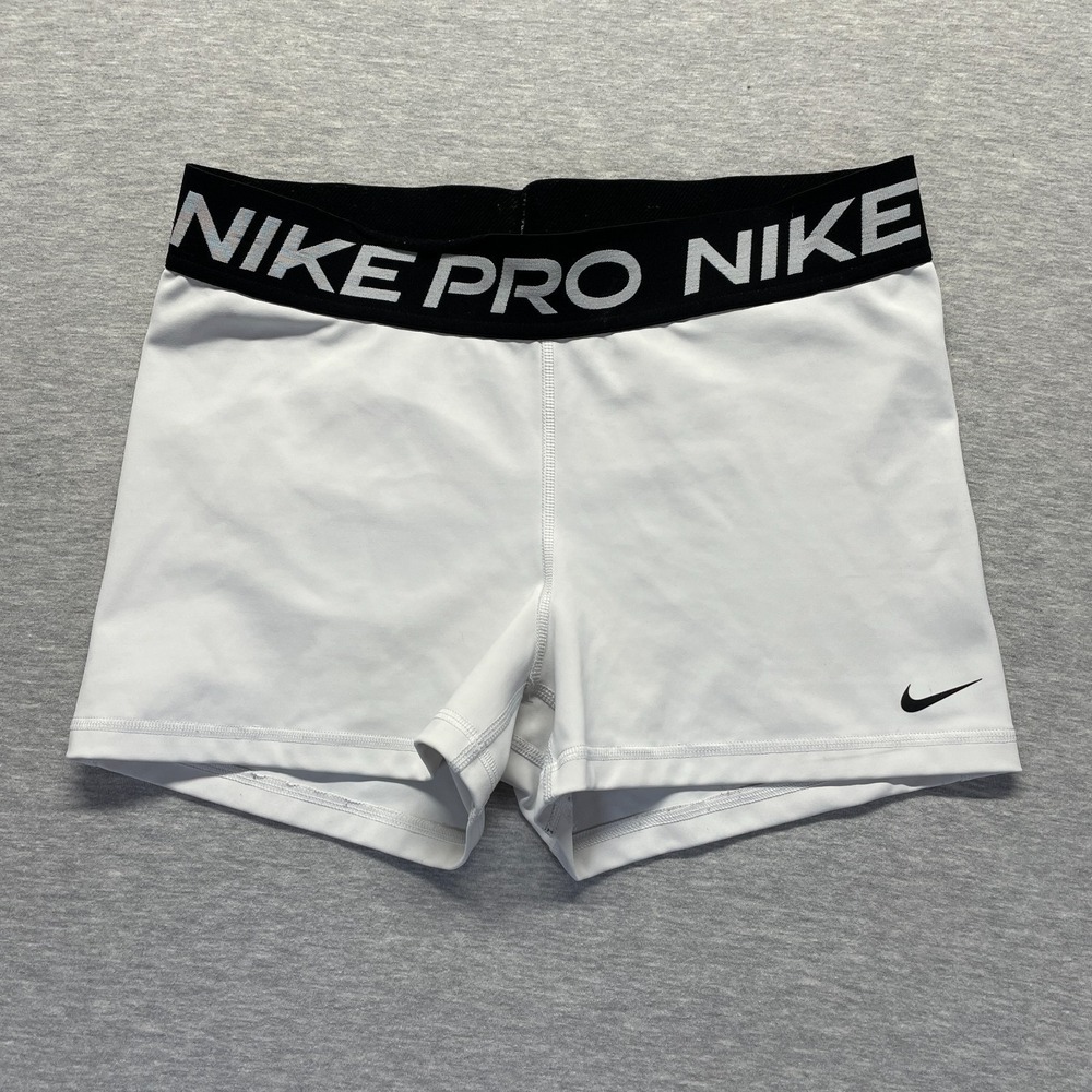 Nike Pro 365 Athletic Shorts Womens Large White Dri-Fit Swoosh Logo Gym Training